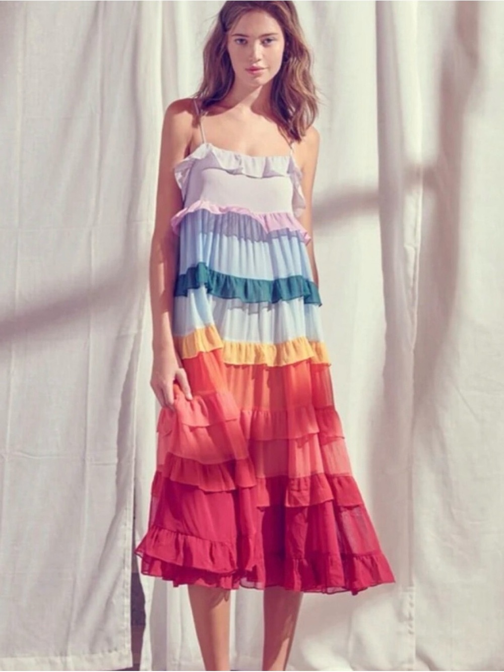 Storia Rainbow Colorblock Tiered Ruffle Chiffon Festival Ecletic Whimsical Sz L